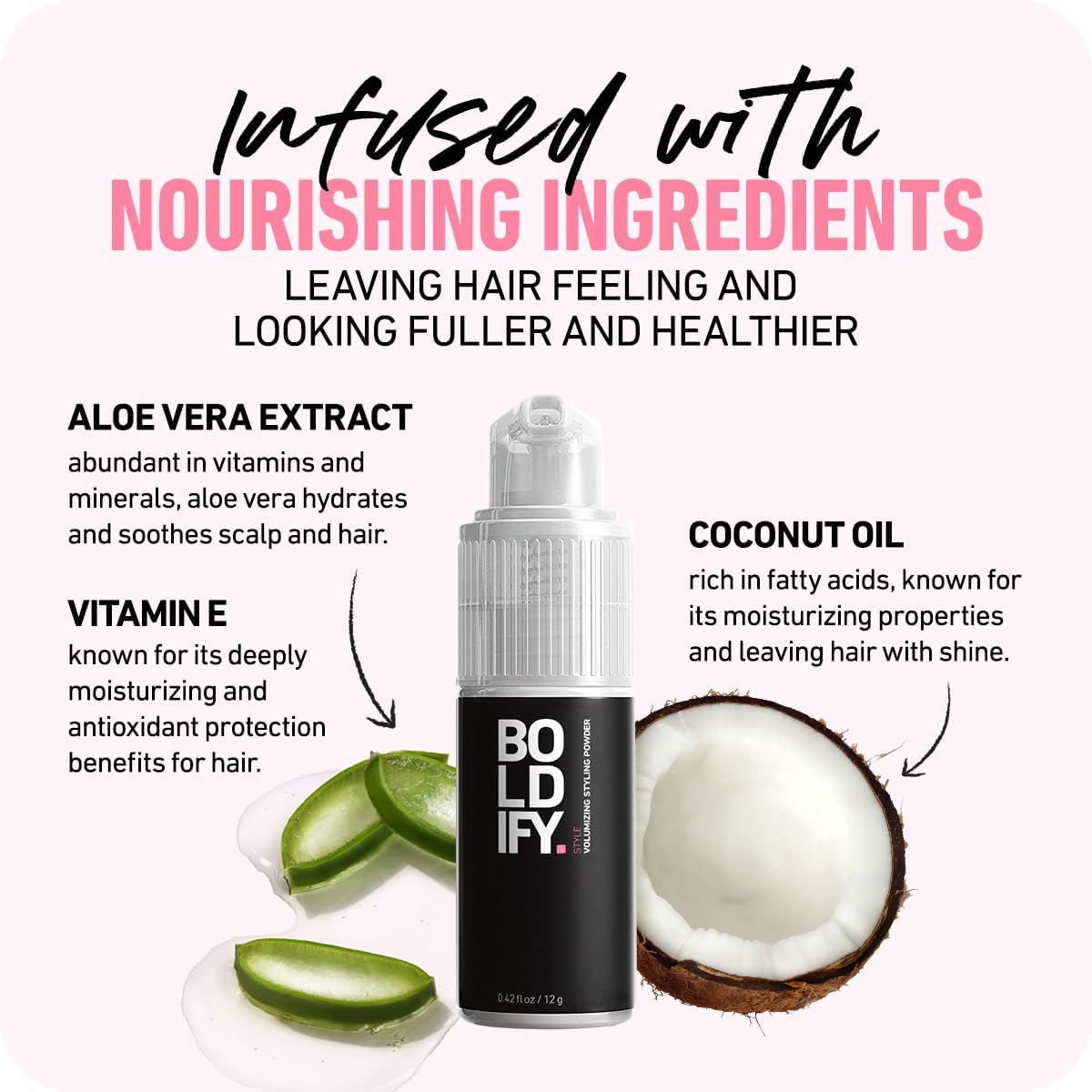 Boldify lightweight hair powder packaging showing natural ingredients