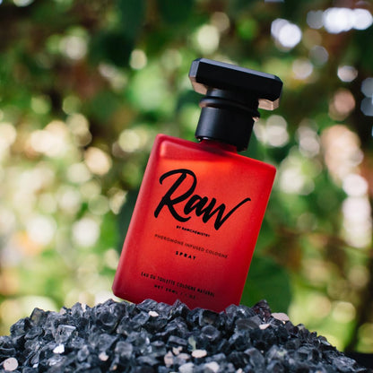Close up of RawChemistry pheromone cologne branding