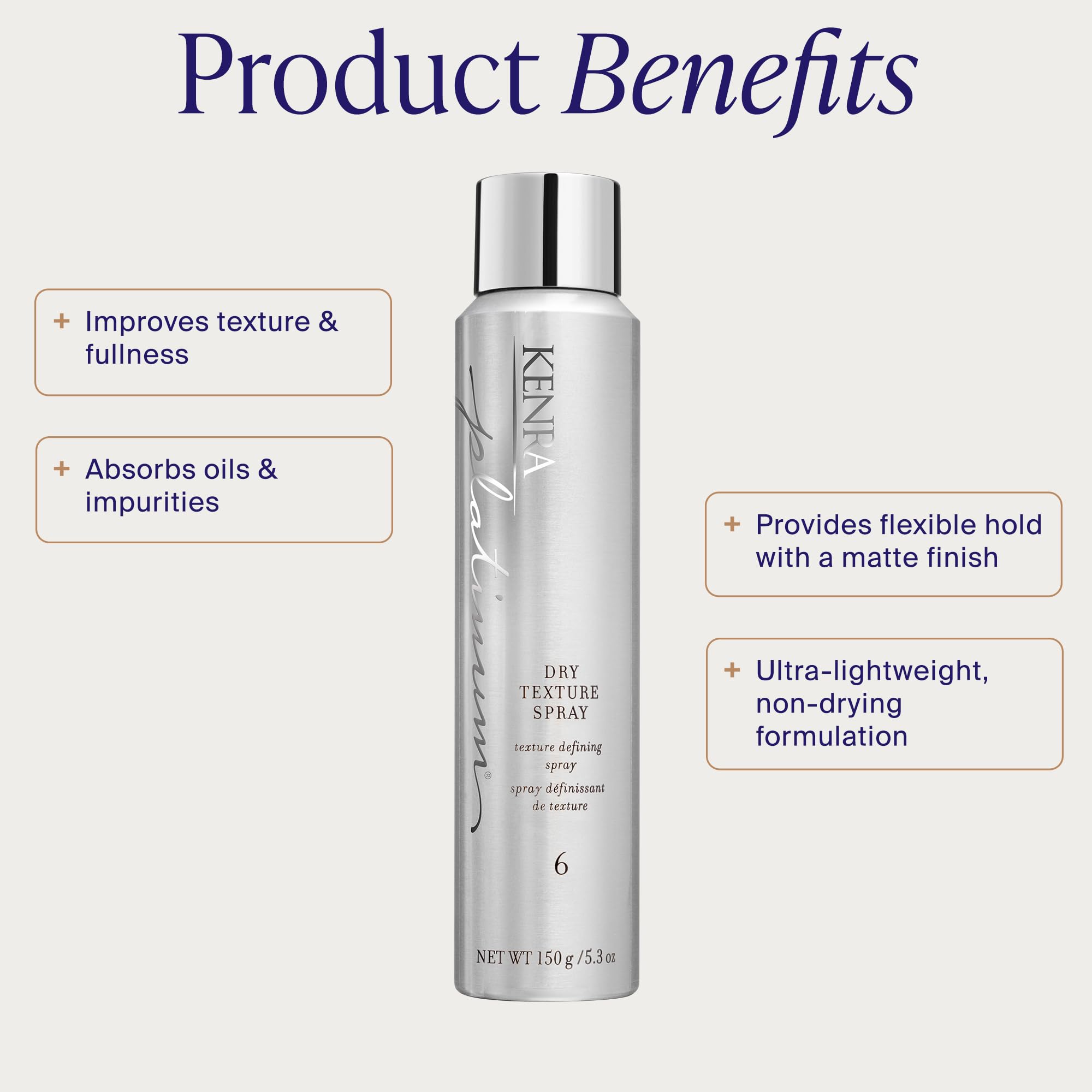 Kenra Professional texturizing spray highlighting oil absorbing benefits for all hair types