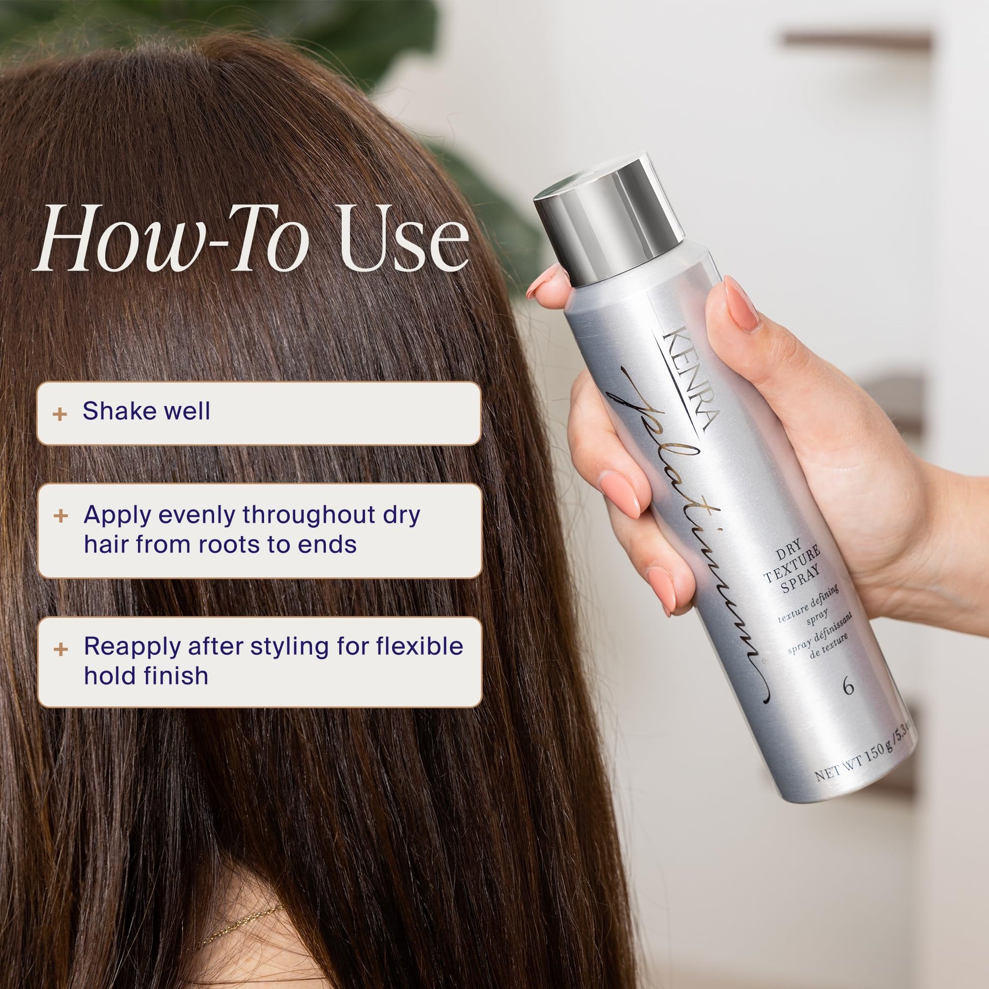 Authentic USA imported Kenra professional hair spray bottle displaying ingredients and usage directions