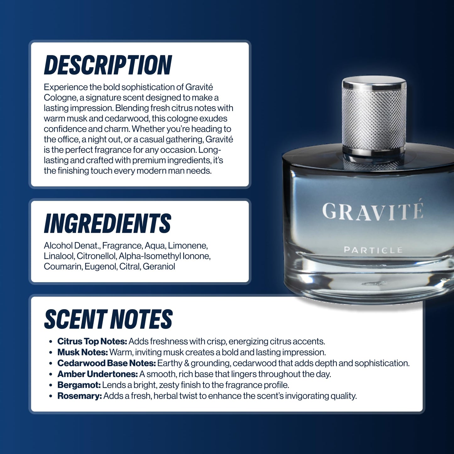 Particle Gravité woody citrus fragrance bottle on display