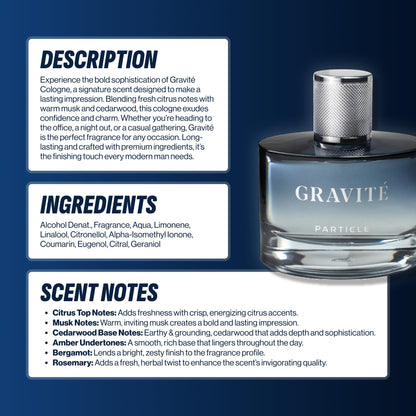 Particle Gravité woody citrus fragrance bottle on display