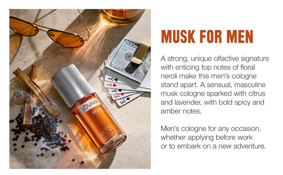 Jovan Musk for Men fragrance bottle unboxed next to its original amber retail packaging