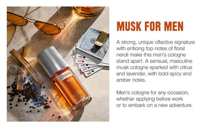 Jovan Musk for Men fragrance bottle unboxed next to its original amber retail packaging