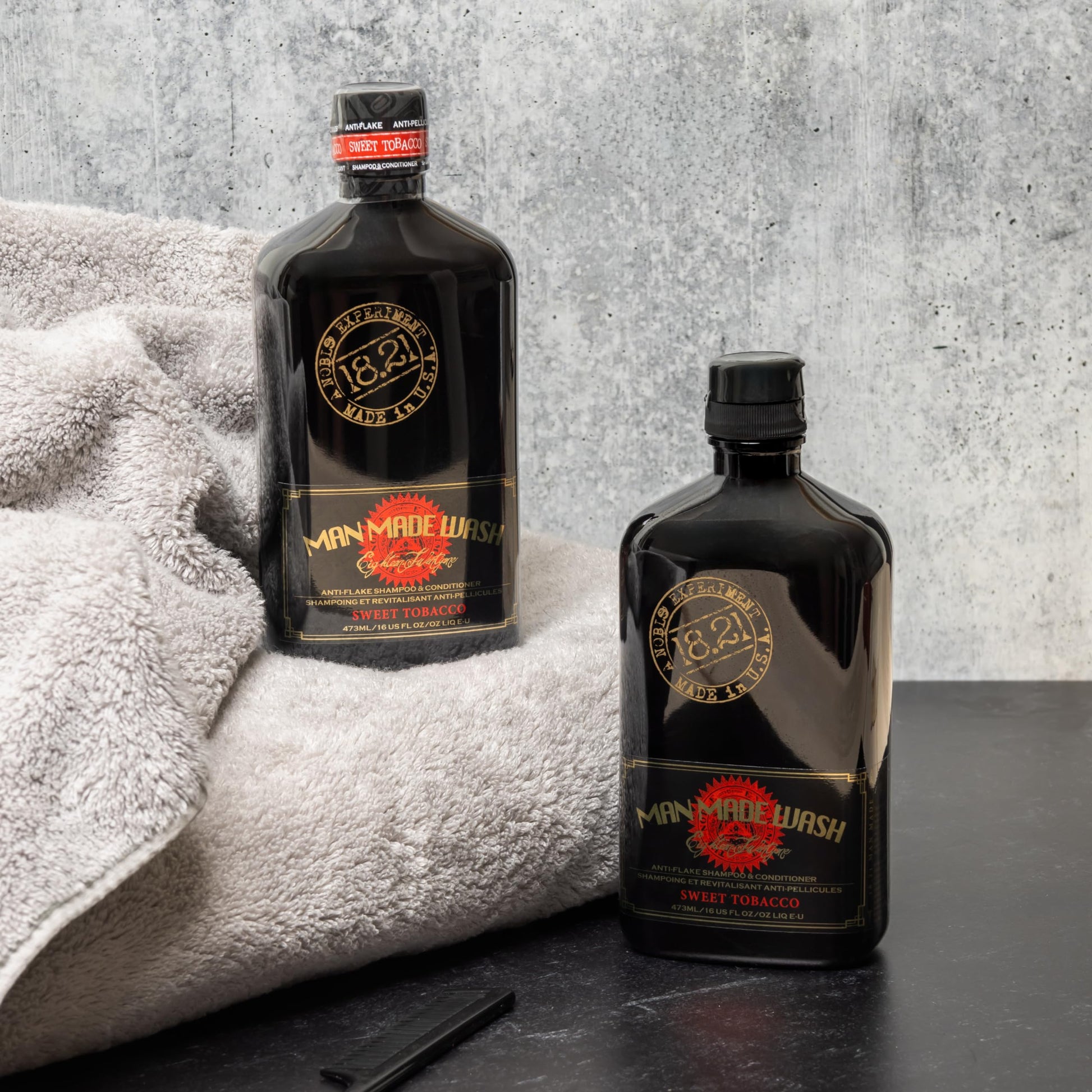 Premium grooming set featuring 18.21 Man Made anti-flake wash