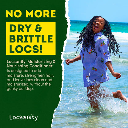 Locsanity 12 fluid ounce bottle next to natural hair locs