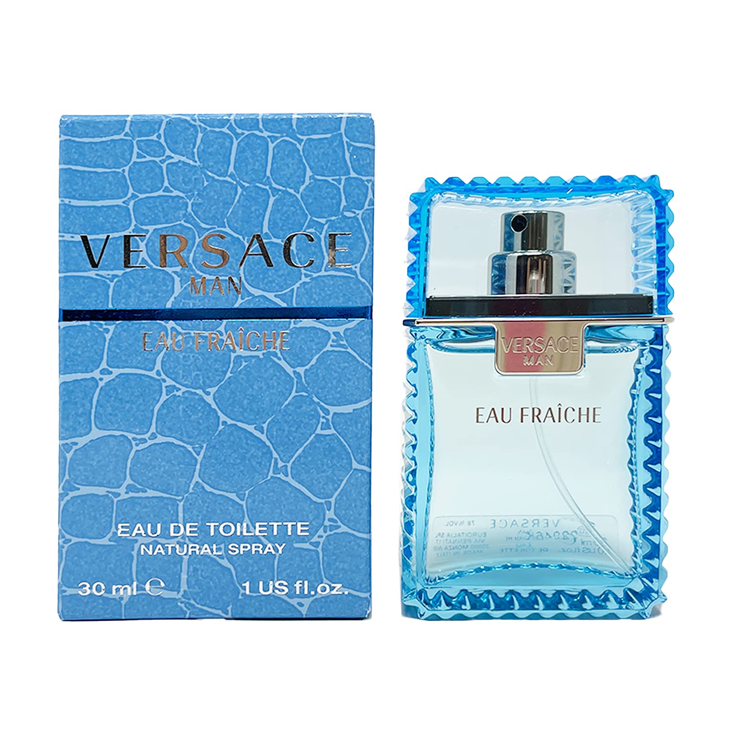 Authentic imported Versace Man Eau Fraiche light blue geometric glass bottle details