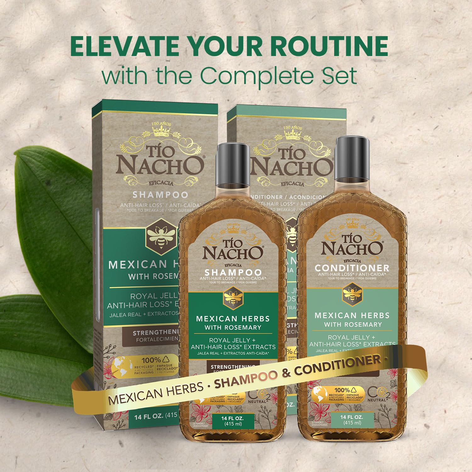 Tio Nacho Mexican Herbs hair conditioner displayed on a clean bathroom counter setup