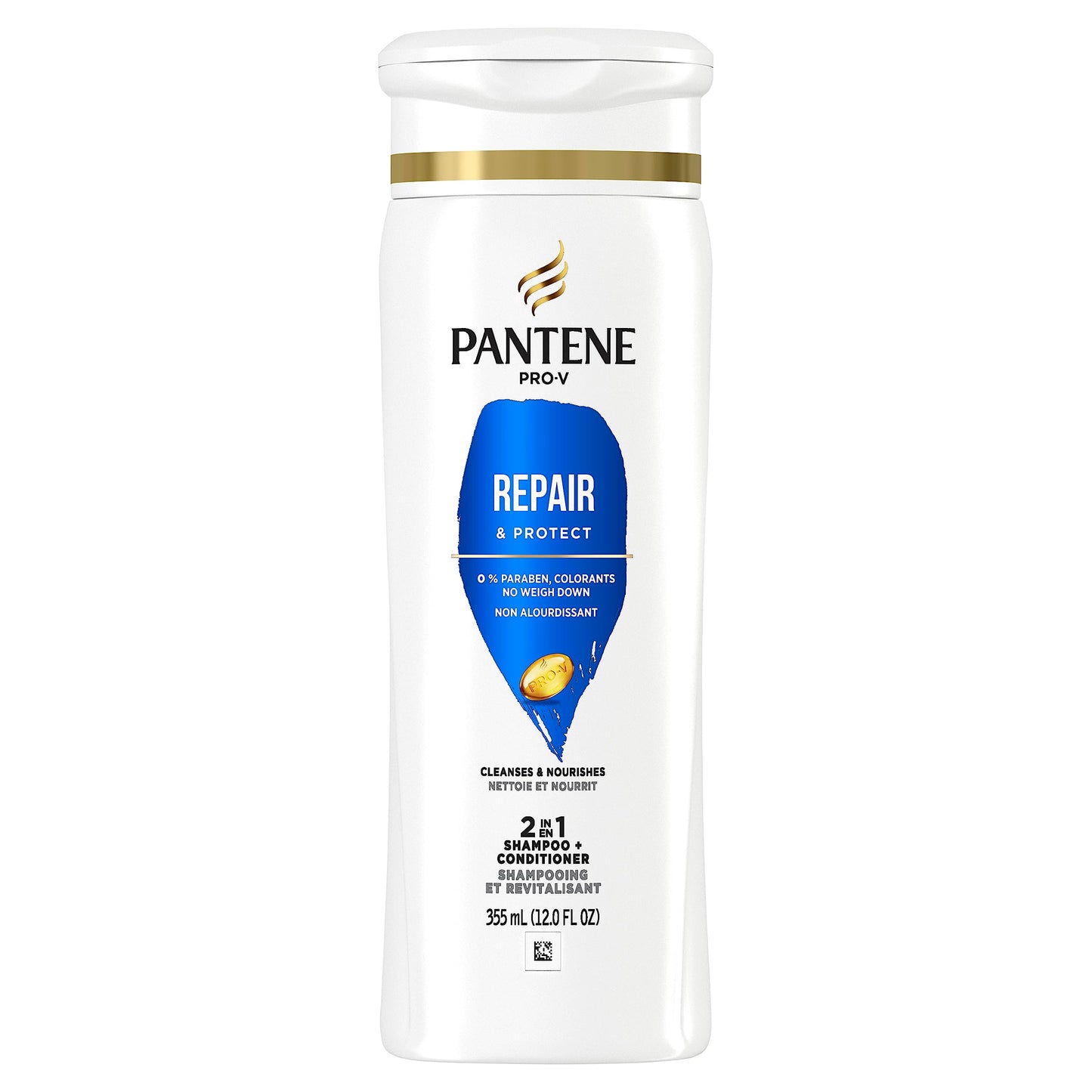 Side view of Pantene 12.6 fluid ounce shampoo bottle