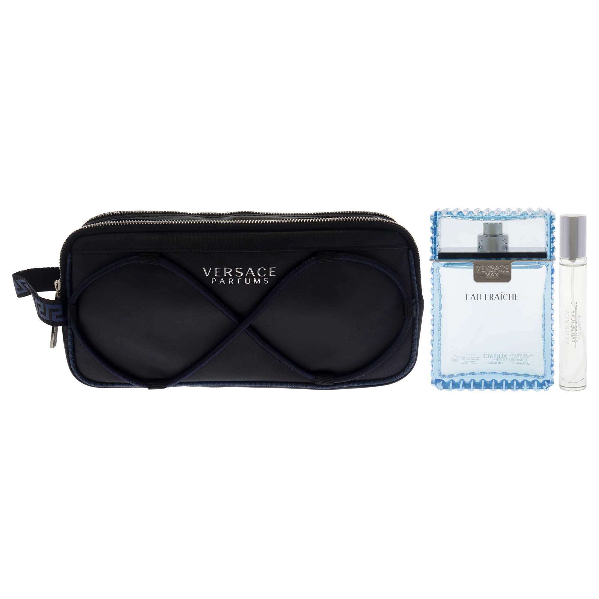 Versace Eau Fraiche one hundred milliliter Eau De Toilette bottle next to the travel spray on a clean background.
