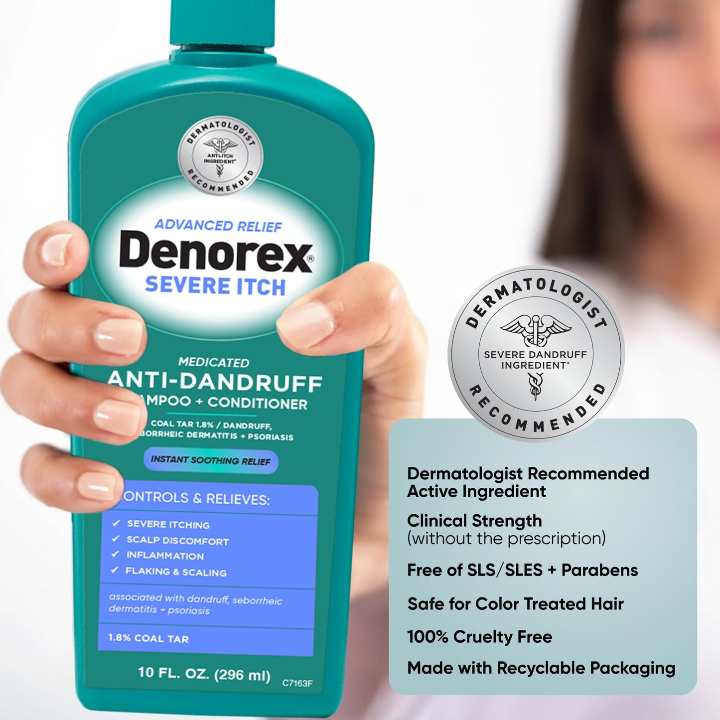 Side profile of Denorex Severe Itch shampoo bottle