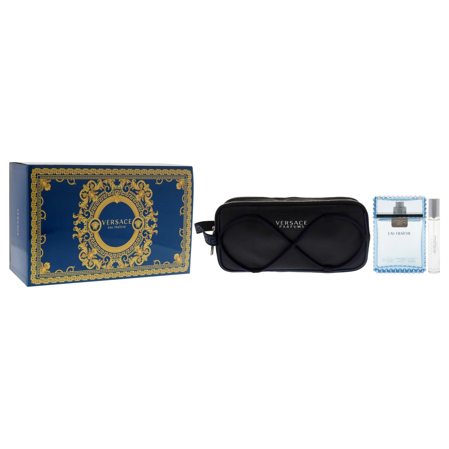 Versace designer blue trousse pouch included in the men's luxury fragrance collection.