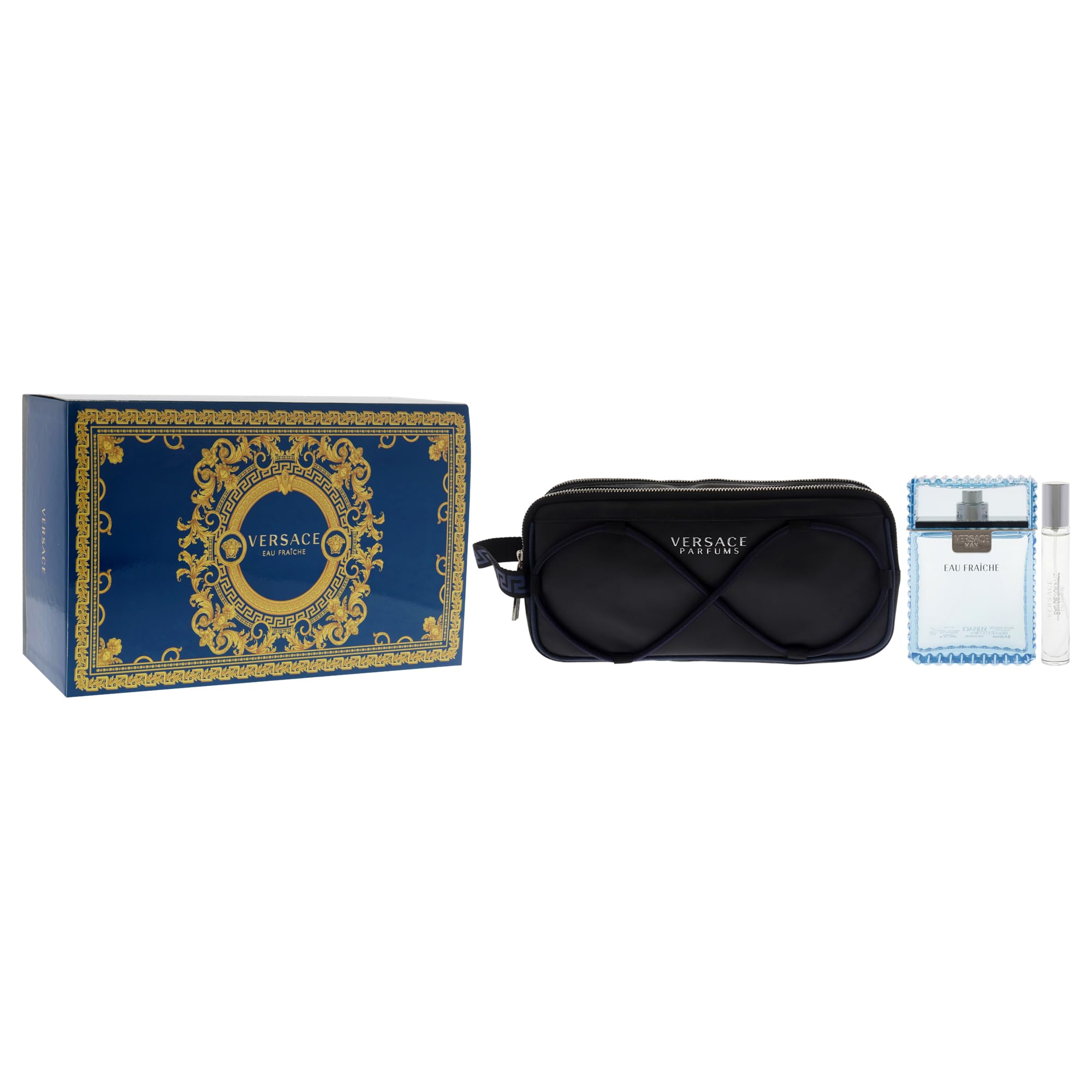 Versace designer blue trousse pouch included in the men's luxury fragrance collection.
