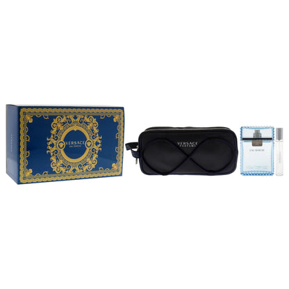 Versace designer blue trousse pouch included in the men's luxury fragrance collection.