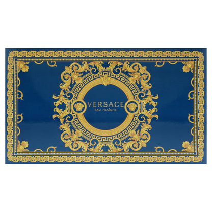 Full overview of the contents inside the Versace Eau Fraiche men's three piece luxury gift box.