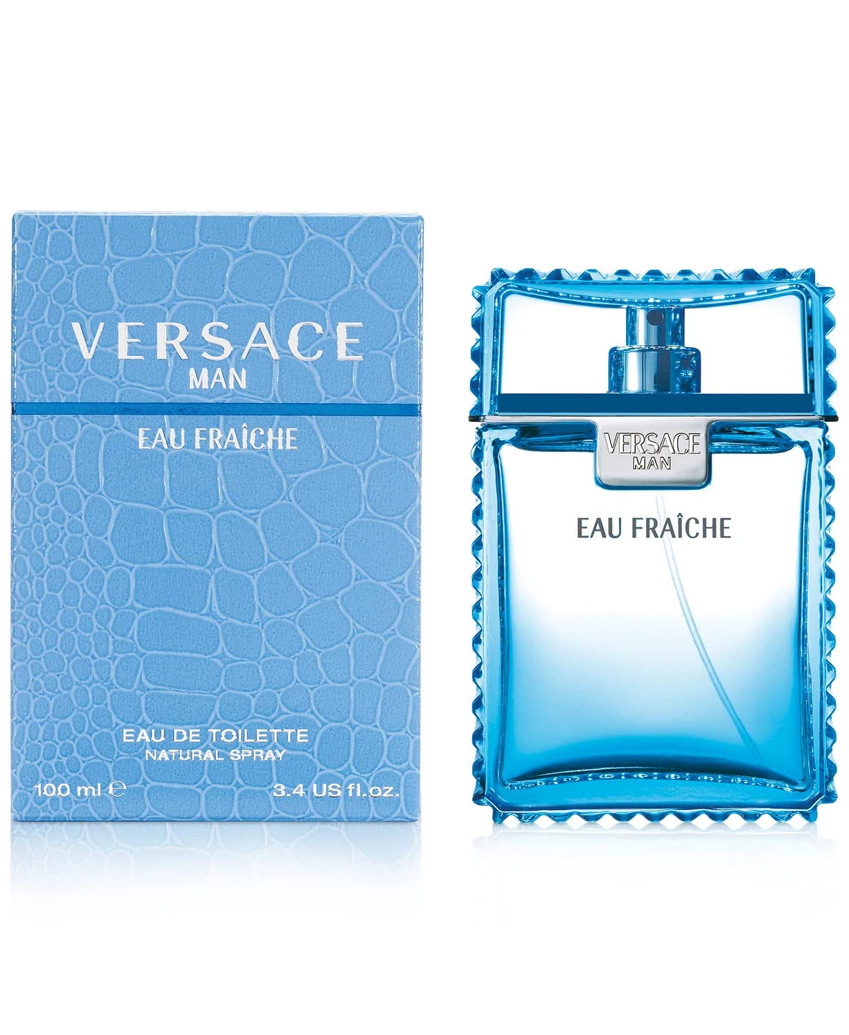 Side profile of the light blue Versace Man Eau Fraiche luxury perfume bottle packaging.