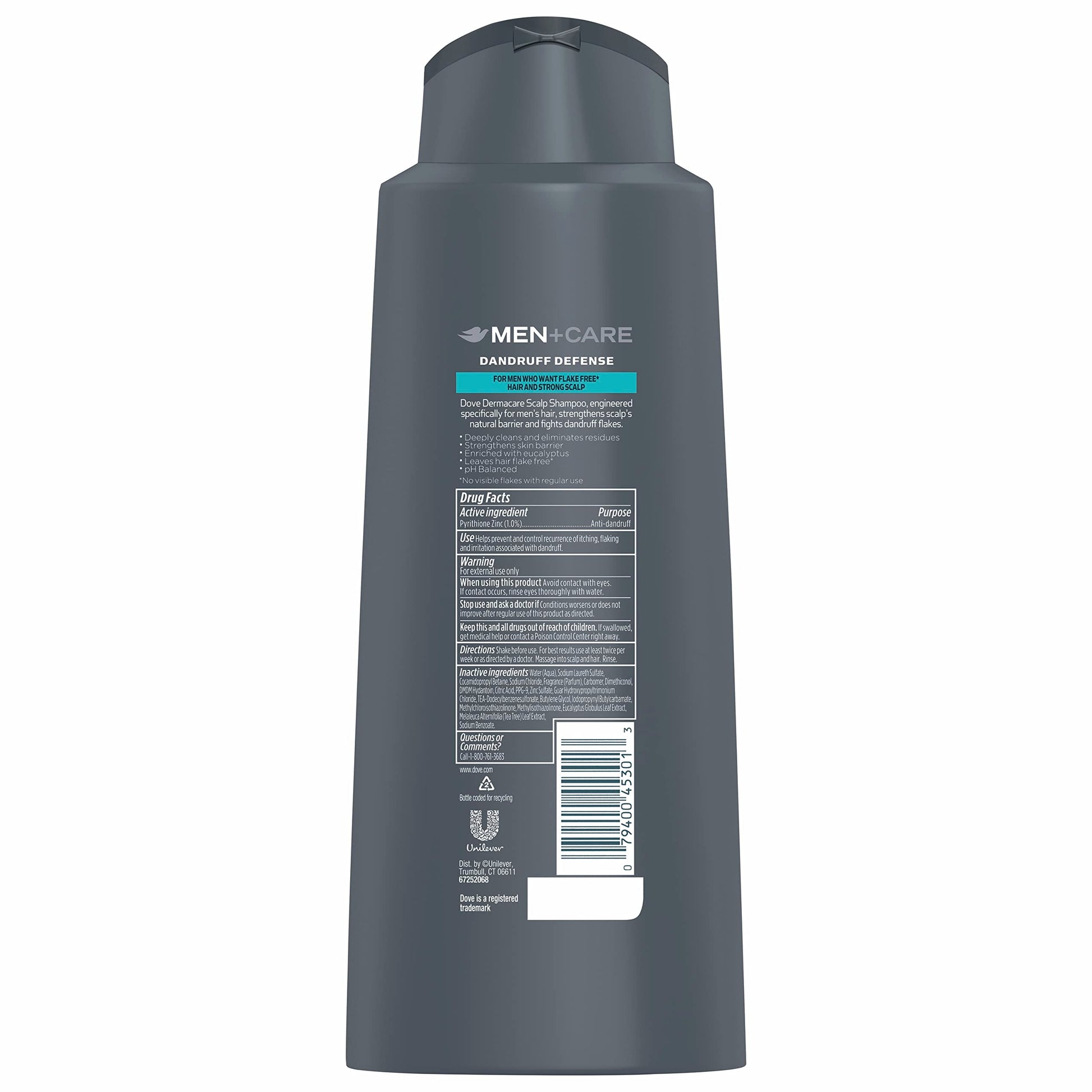 Four pack of Dove Men+Care anti-dandruff shampoo and conditioner bottles