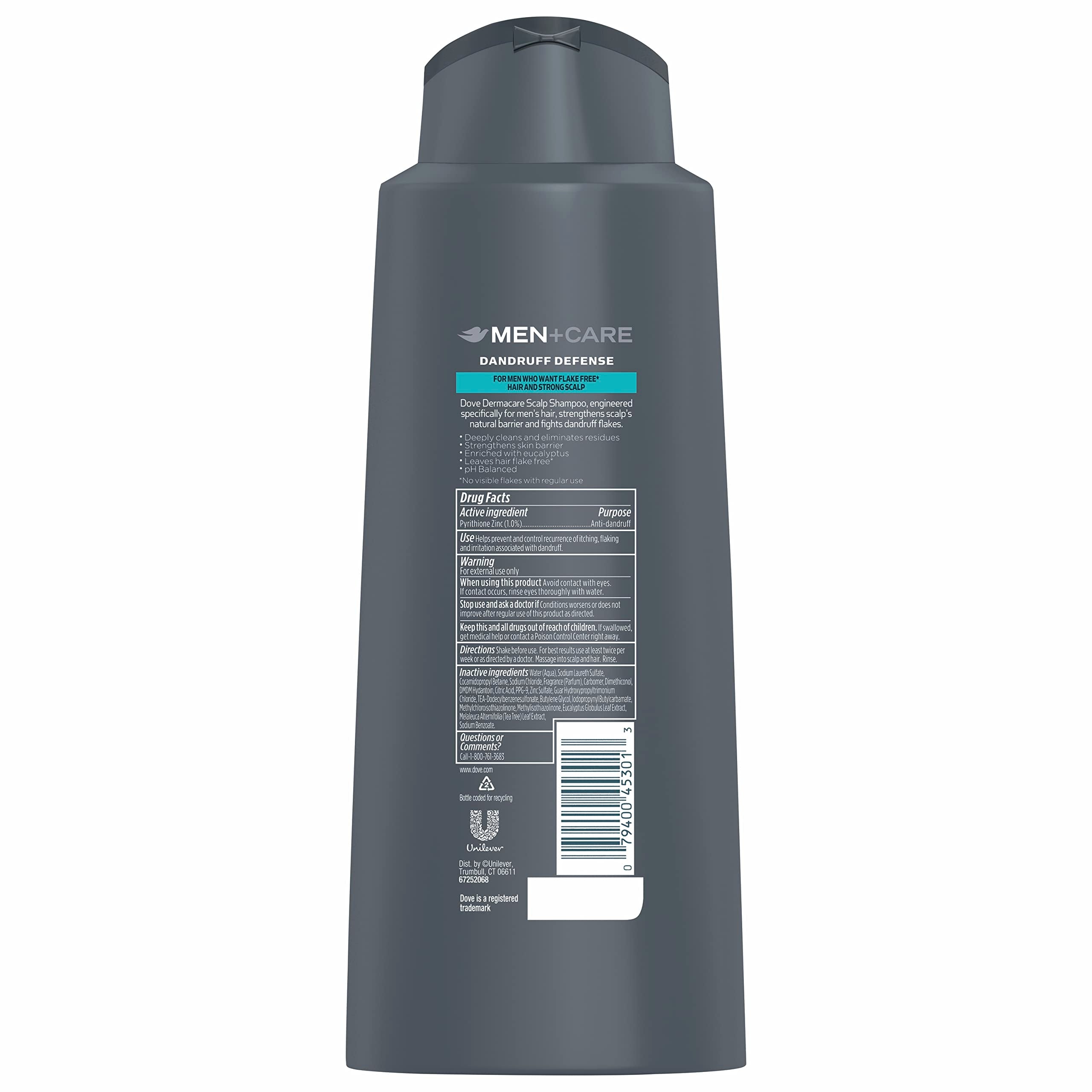 Four pack of Dove Men+Care anti-dandruff shampoo and conditioner bottles