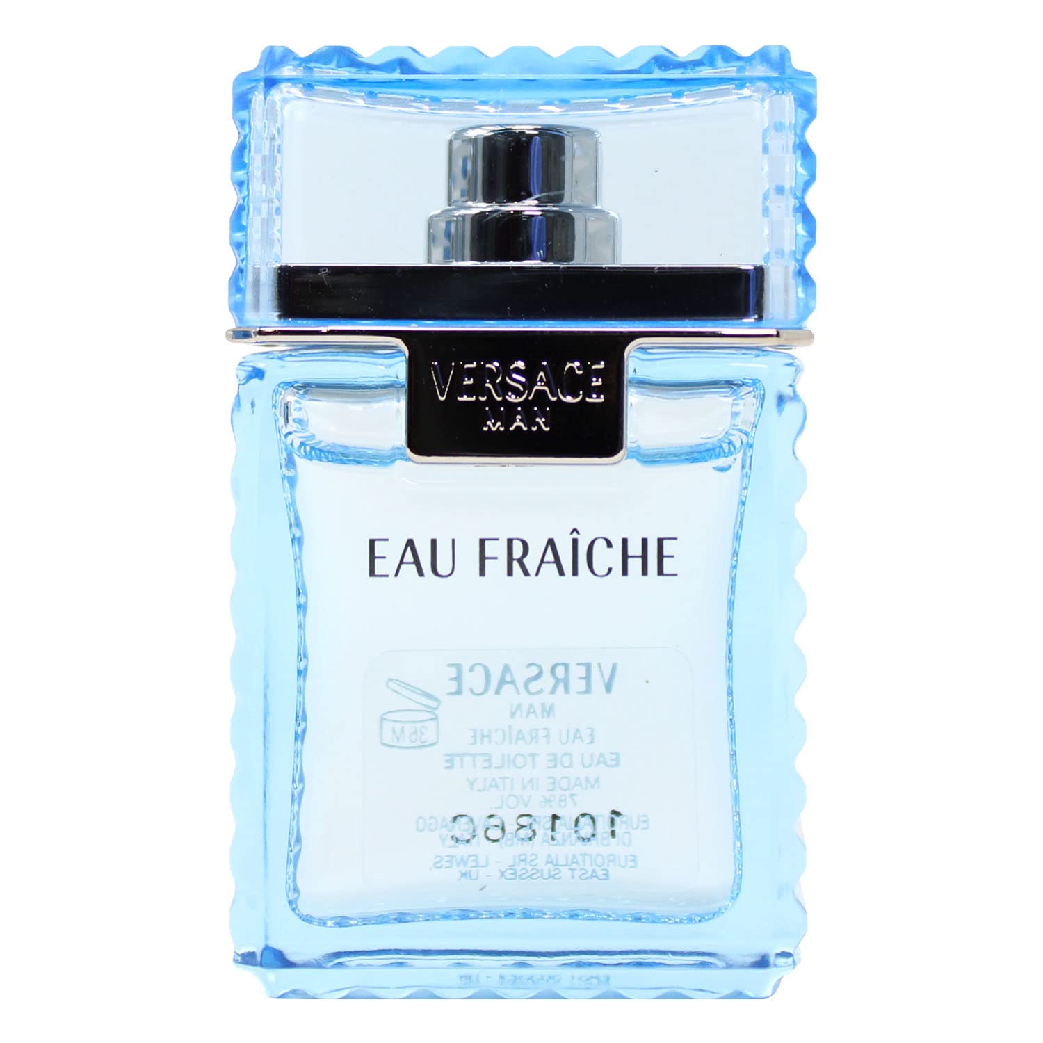 Compact pocket sized Versace designer fragrance splash bottle profile view