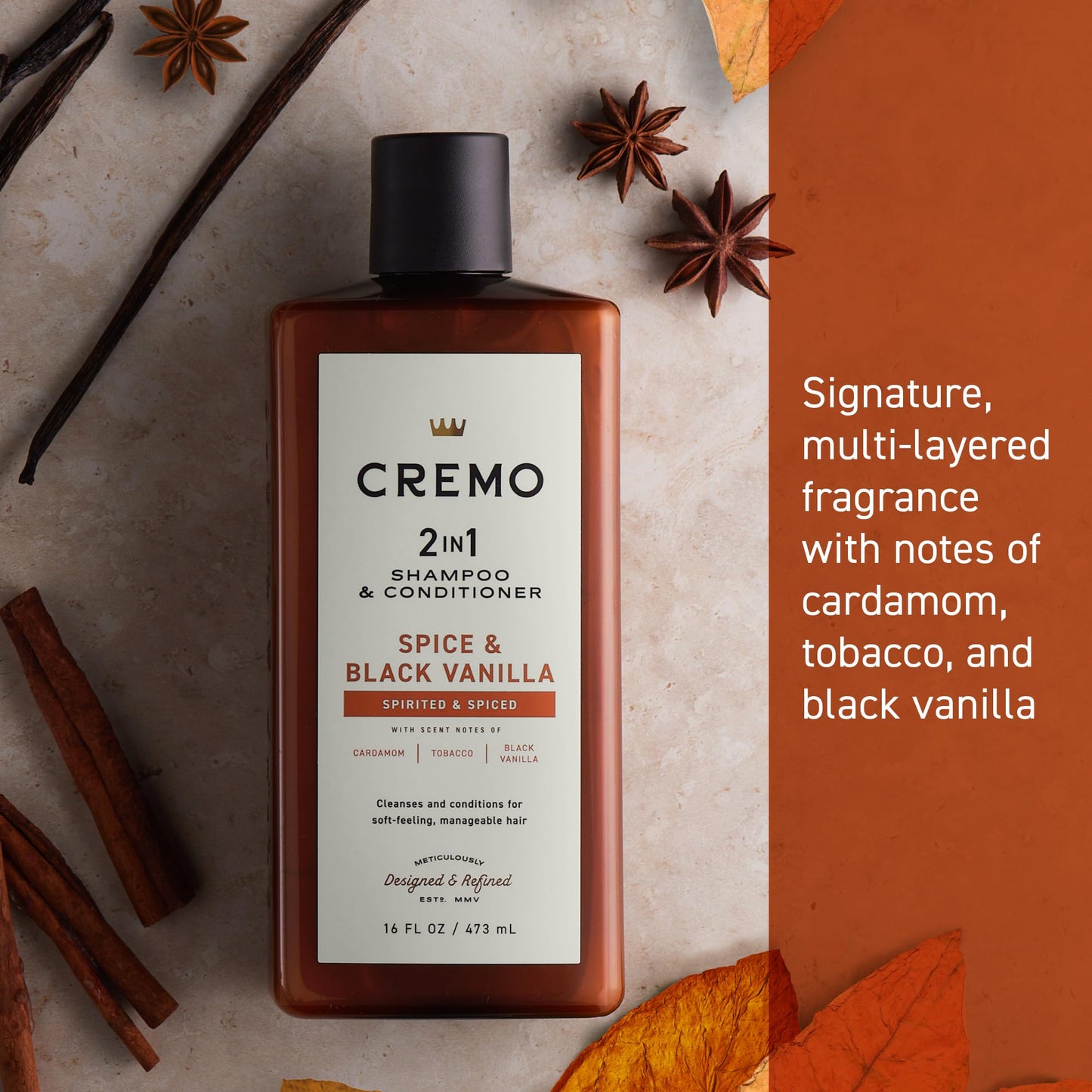 Close up of Cremo 2-in-1 hair care product label