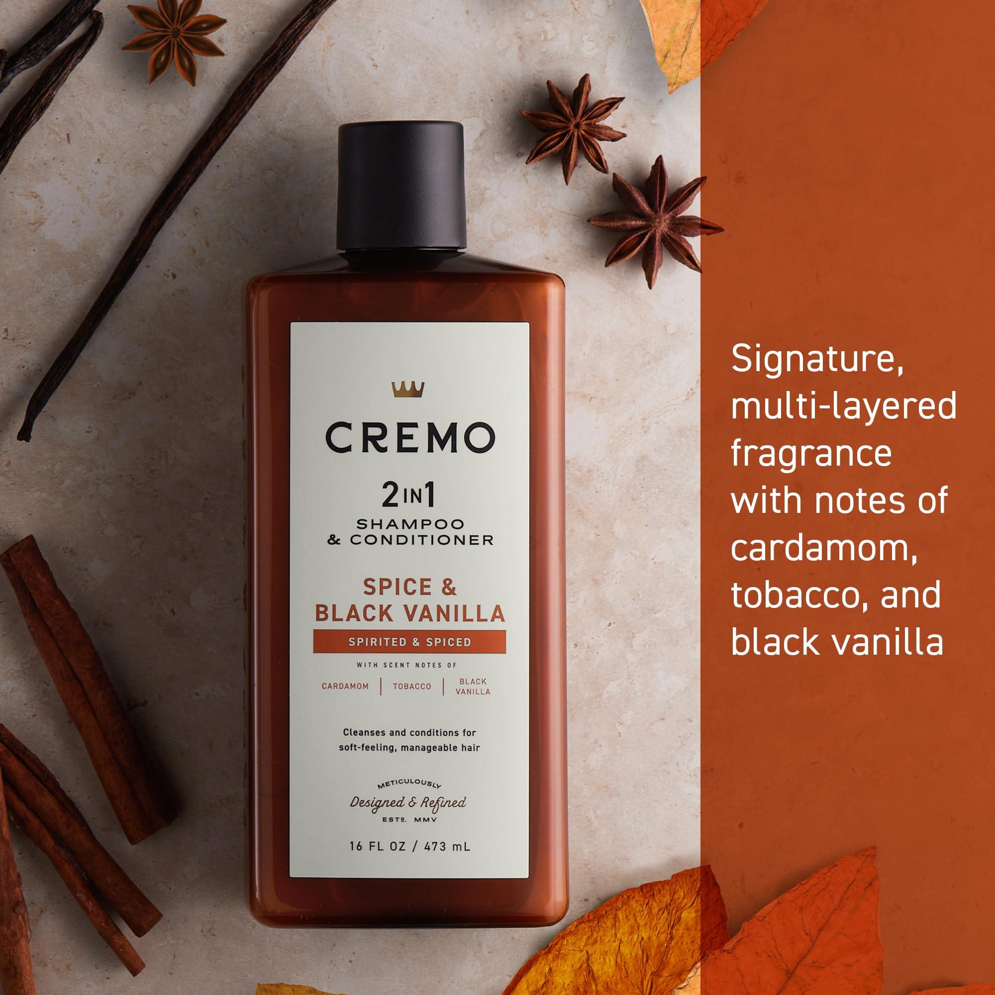 Close up of Cremo 2-in-1 hair care product label