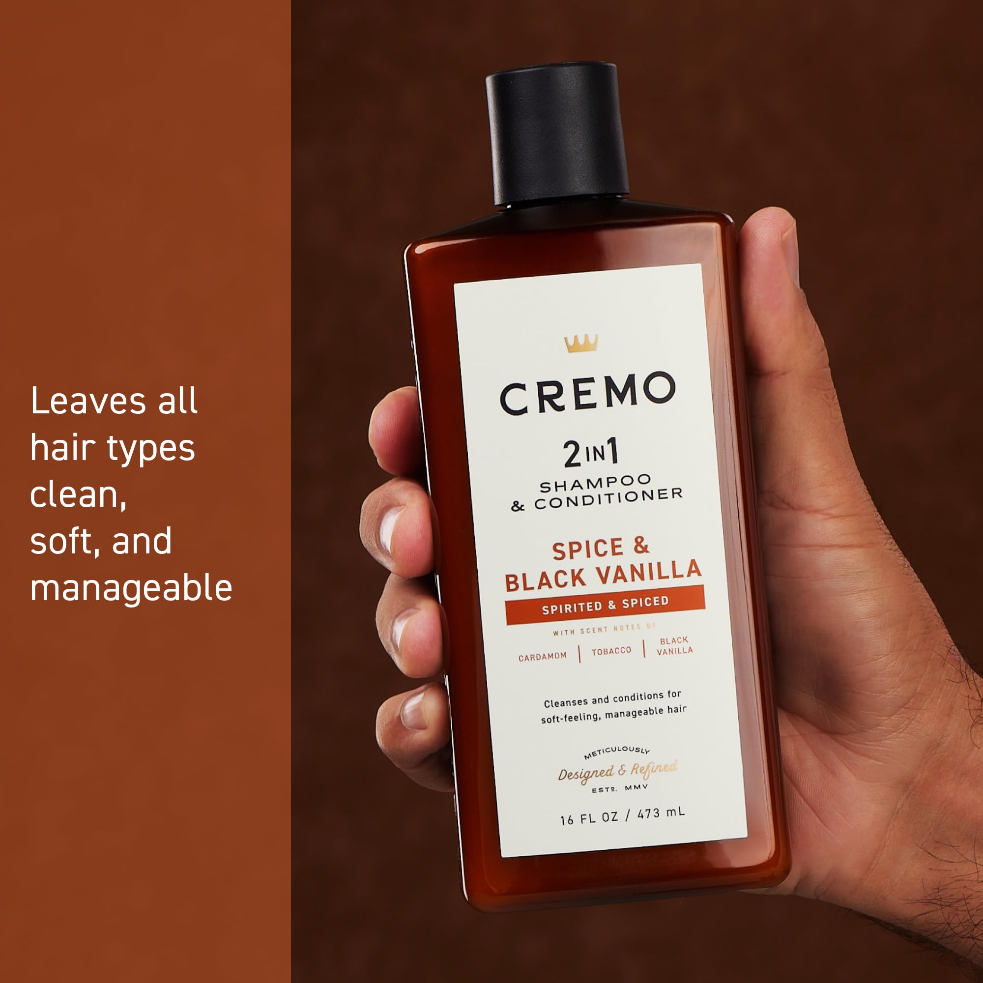 Back view of Cremo shampoo and conditioner bottle showing ingredients