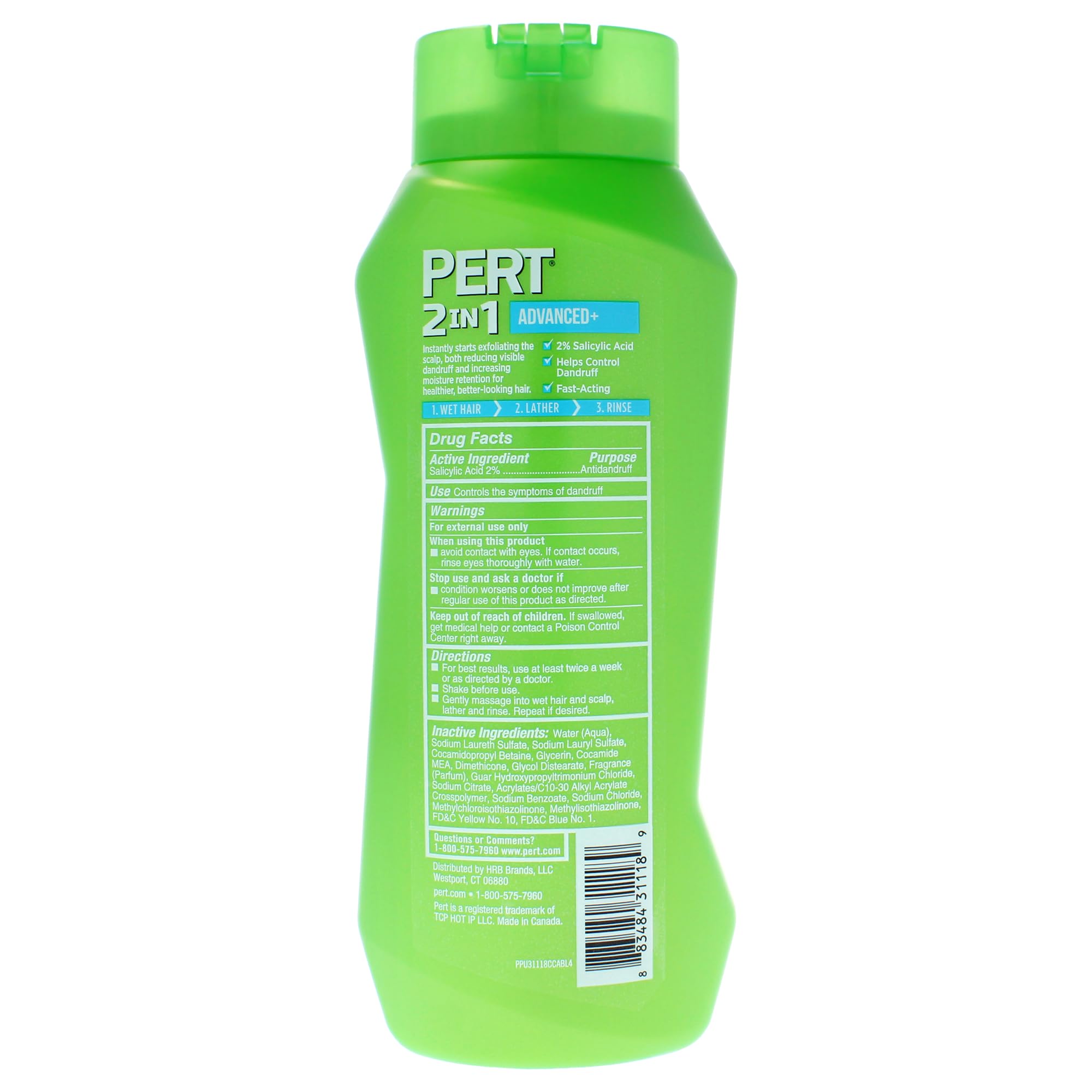 Pert Plus Dandruff Control 2-in-1 back label showing usage instructions and ingredients