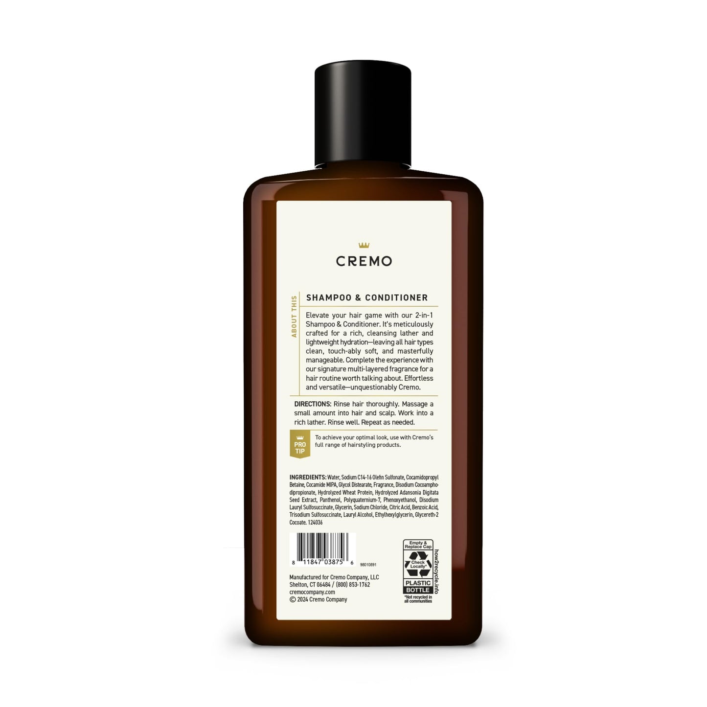 Top cap detail of the 16 fluid ounce Cremo shampoo bottle