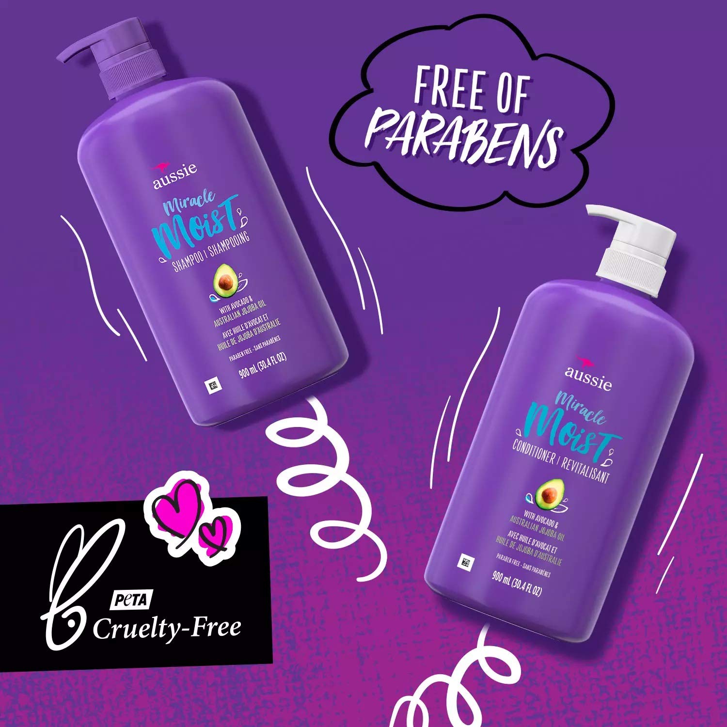 Aussie Miracle Moist shampoo and conditioner avocado and jojoba oil branding