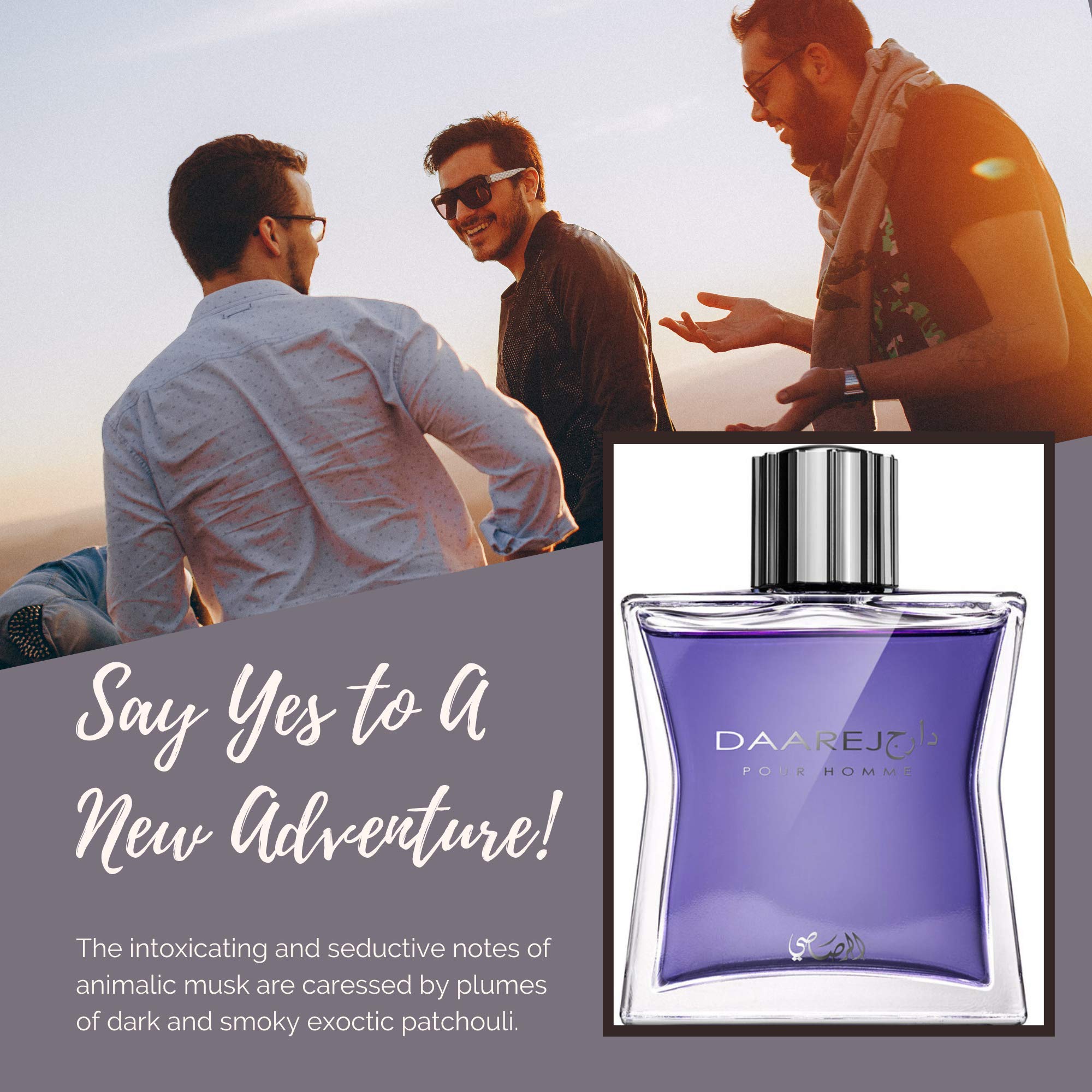 Rasasi Dareej Pour Homme spray bottle displaying the unique purple liquid and masculine design