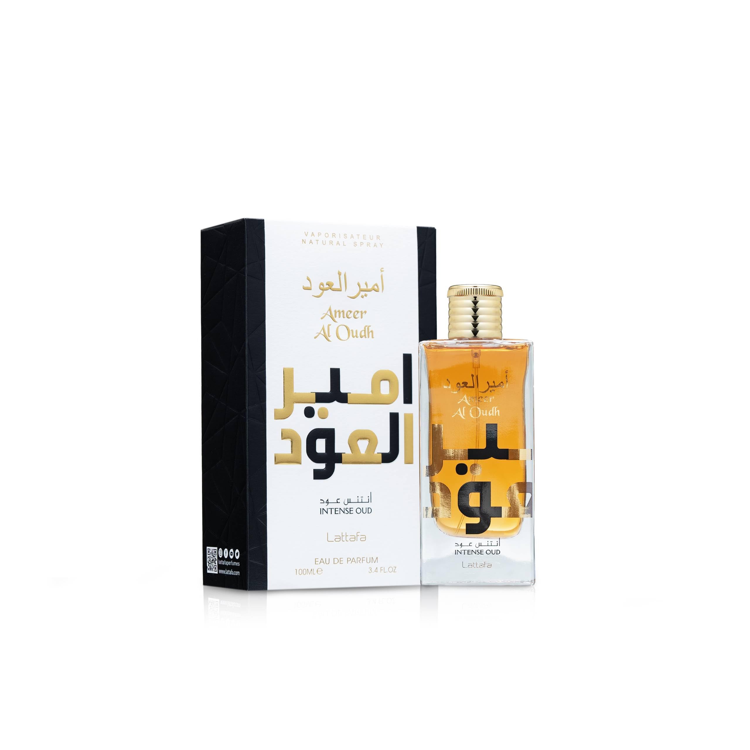 Authentic Lattafa Ameer Al Oudh unisex perfume packaging box displaying the luxury design details.