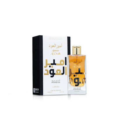 Authentic Lattafa Ameer Al Oudh unisex perfume packaging box displaying the luxury design details.