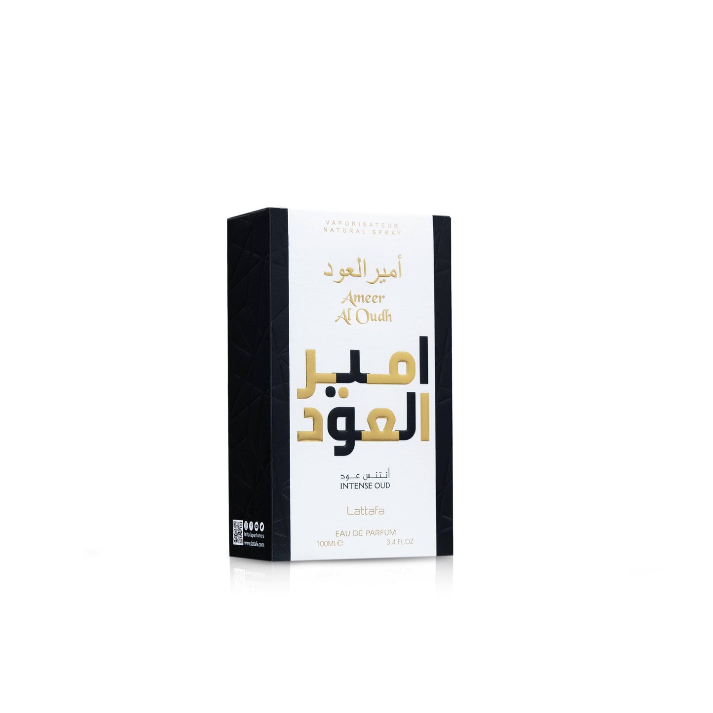 Side profile of Lattafa Ameer Al Oudh Intense Oud bottle highlighting the premium glass craftsmanship.