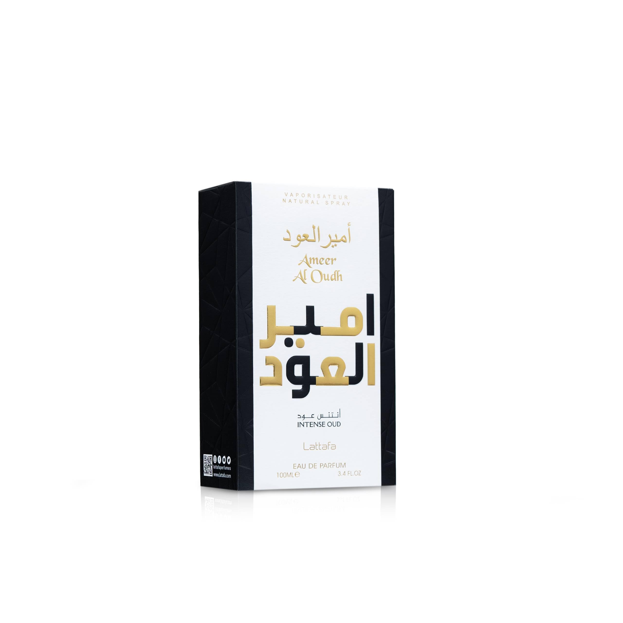 Side profile of Lattafa Ameer Al Oudh Intense Oud bottle highlighting the premium glass craftsmanship.