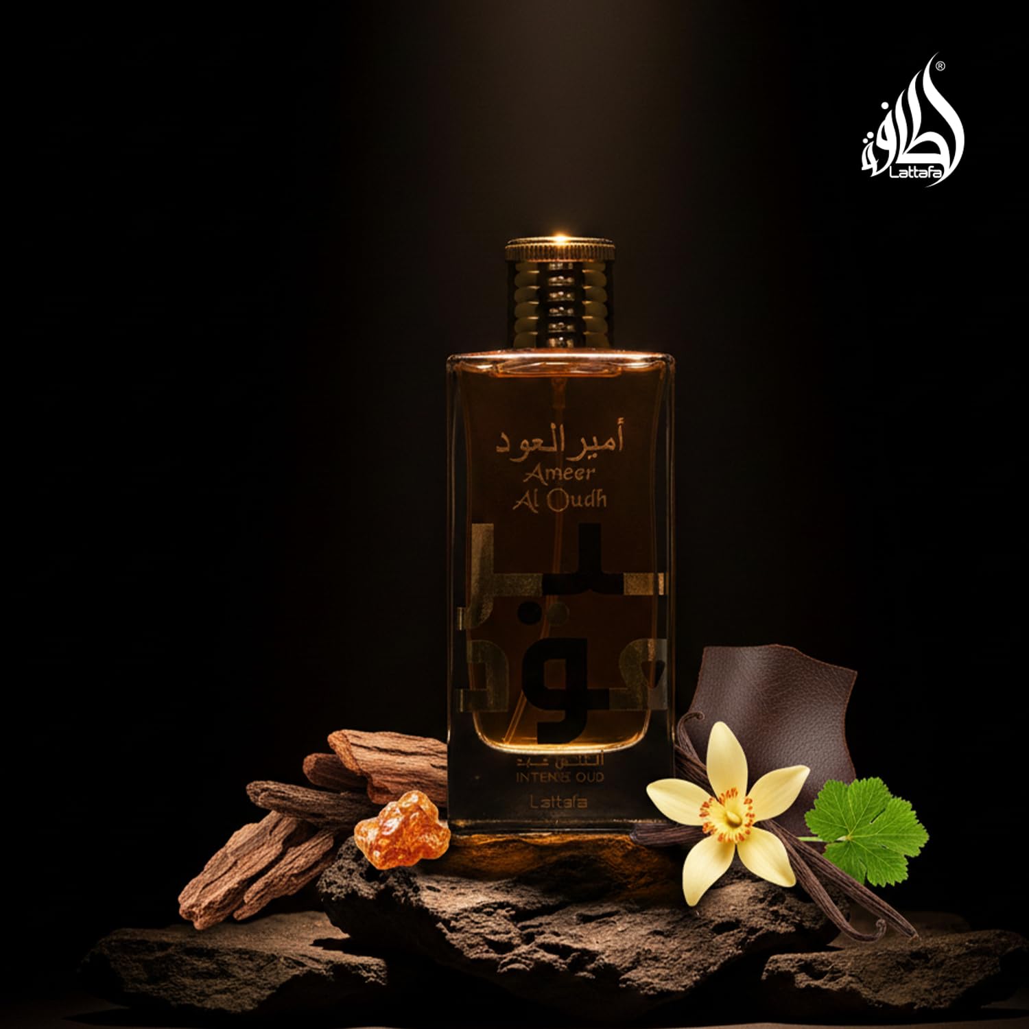 Unisex Lattafa Ameer Al Oudh Intense Oud perfume bottle placed alongside its luxury presentation box.
