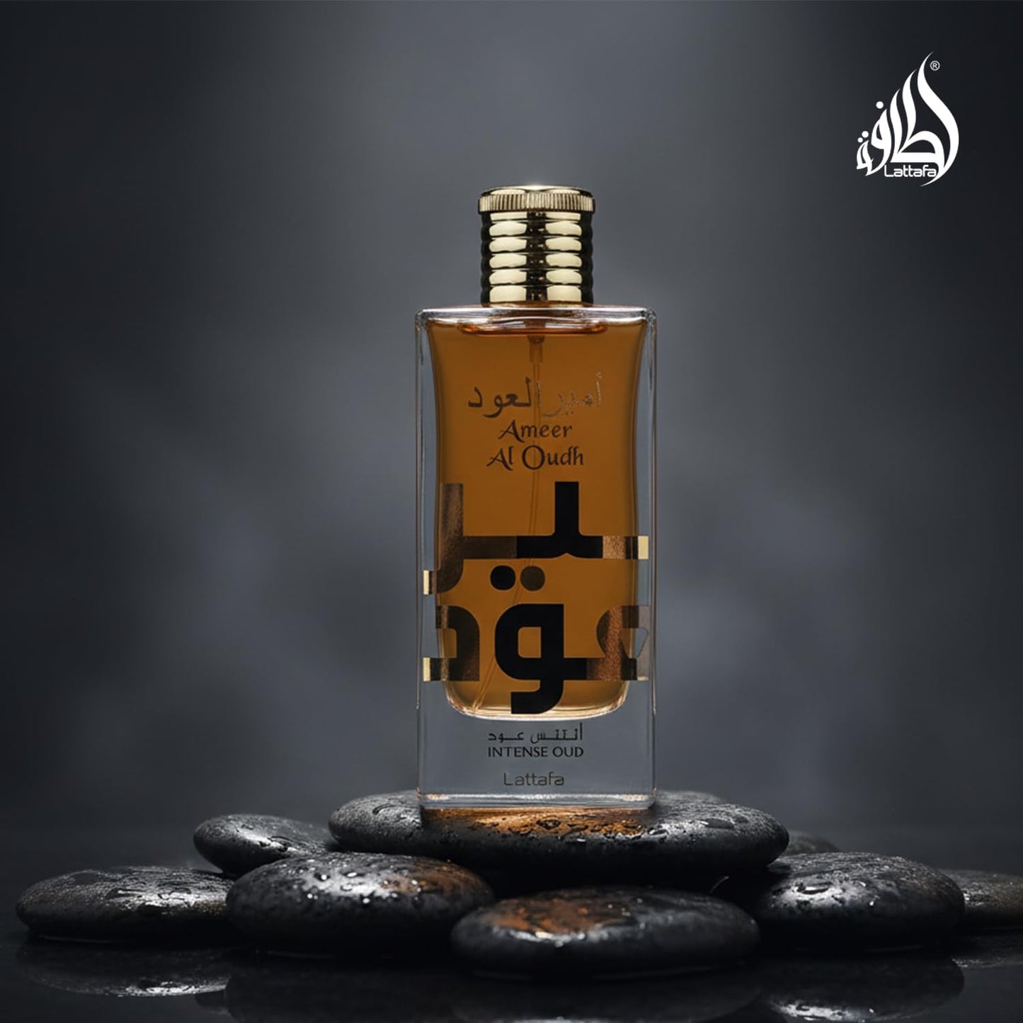 Back label of Lattafa Ameer Al Oudh 100ml bottle showing product specifications and authenticity markers.