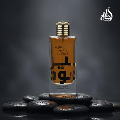 Back label of Lattafa Ameer Al Oudh 100ml bottle showing product specifications and authenticity markers.