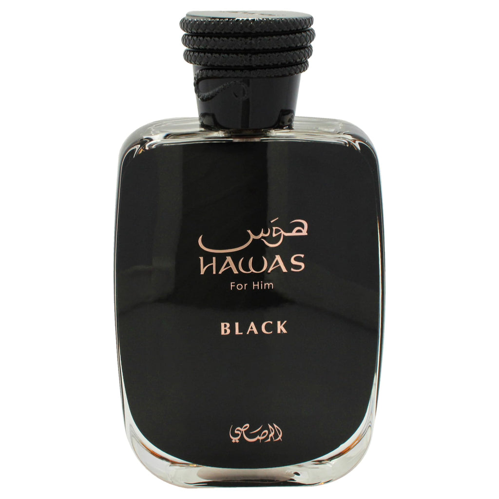 Rasasi Hawas Black 3.38 ounce fragrance side view with packaging box