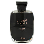 Rasasi Hawas Black 3.38 ounce fragrance side view with packaging box