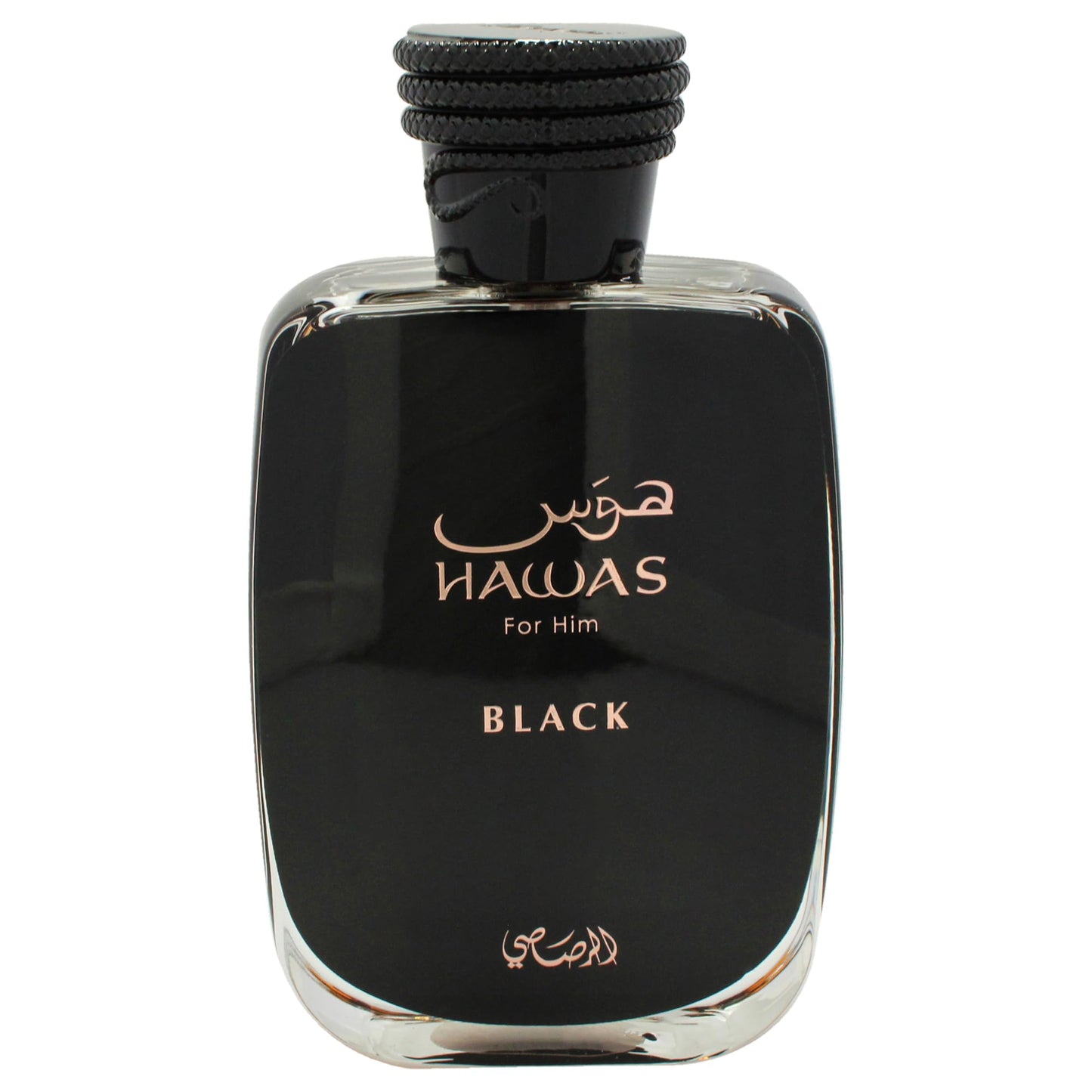 Rasasi Hawas Black 3.38 ounce fragrance side view with packaging box