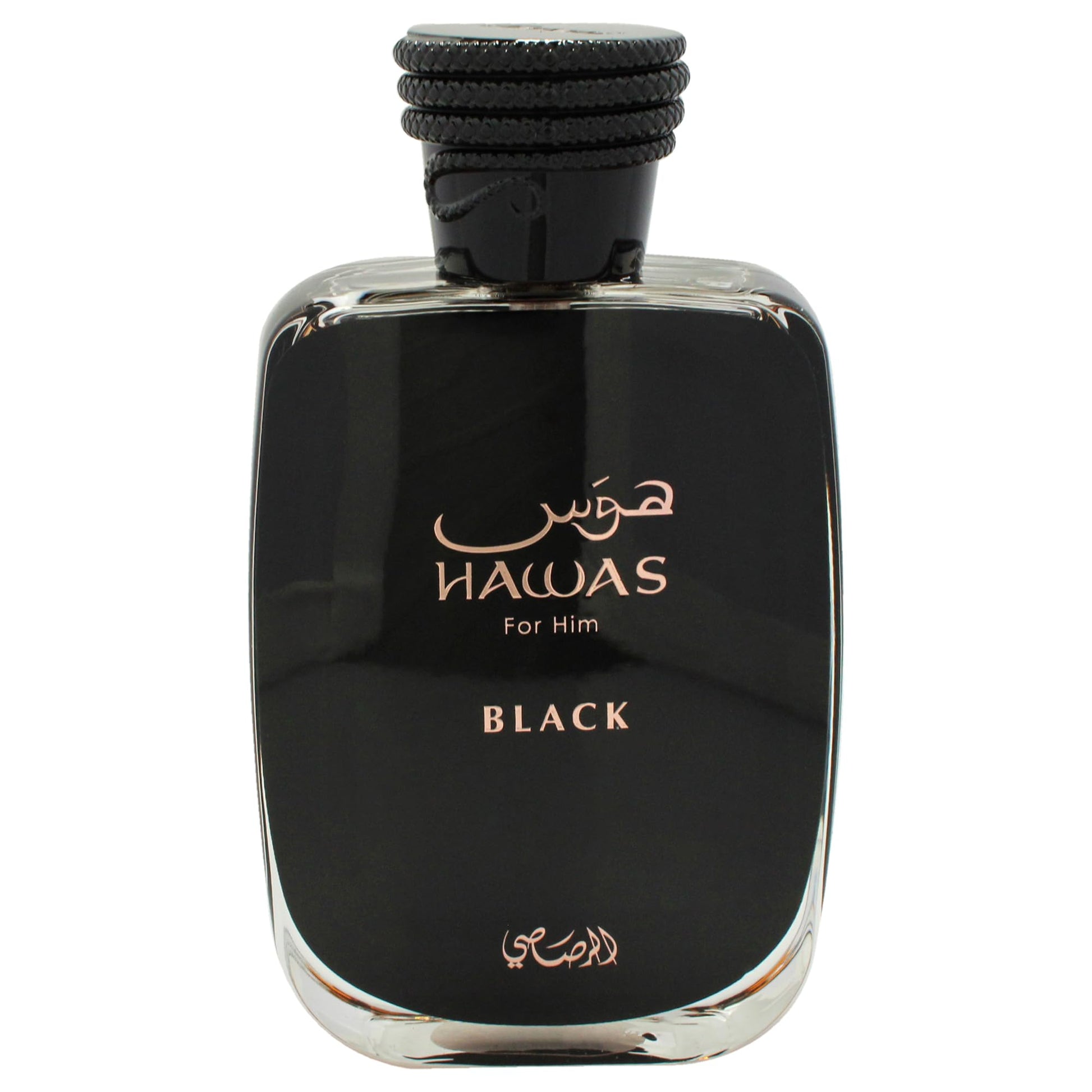 Rasasi Hawas Black 3.38 ounce fragrance side view with packaging box