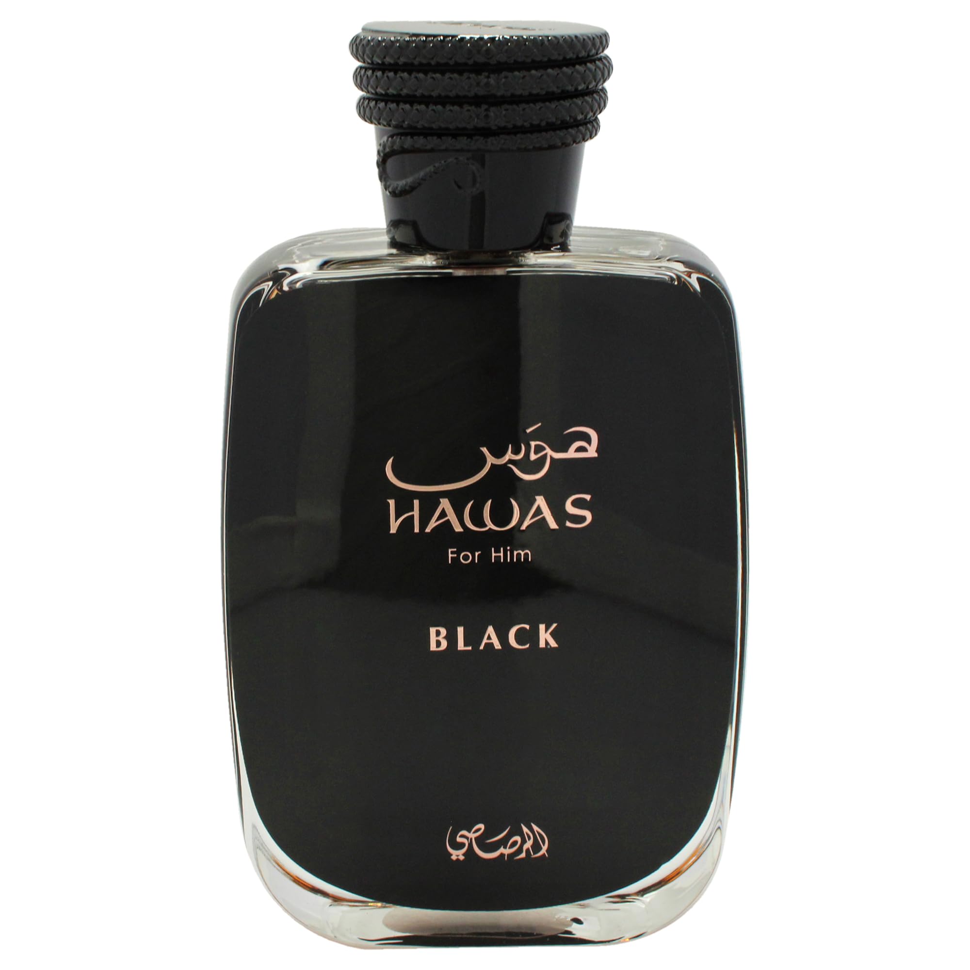 Rasasi Hawas Black 3.38 ounce fragrance side view with packaging box
