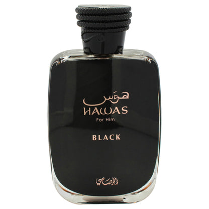 Rasasi Hawas Black 3.38 ounce fragrance side view with packaging box