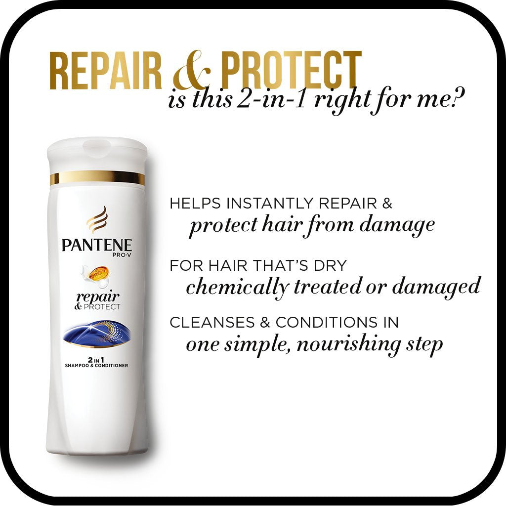 Back label view of Pantene Pro-V Repair and Protect 2 in 1 Shampoo showing usage instructions