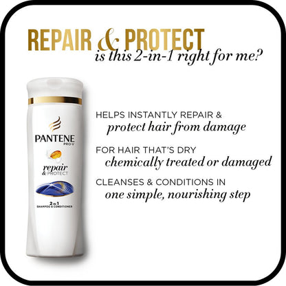 Back label view of Pantene Pro-V Repair and Protect 2 in 1 Shampoo showing usage instructions