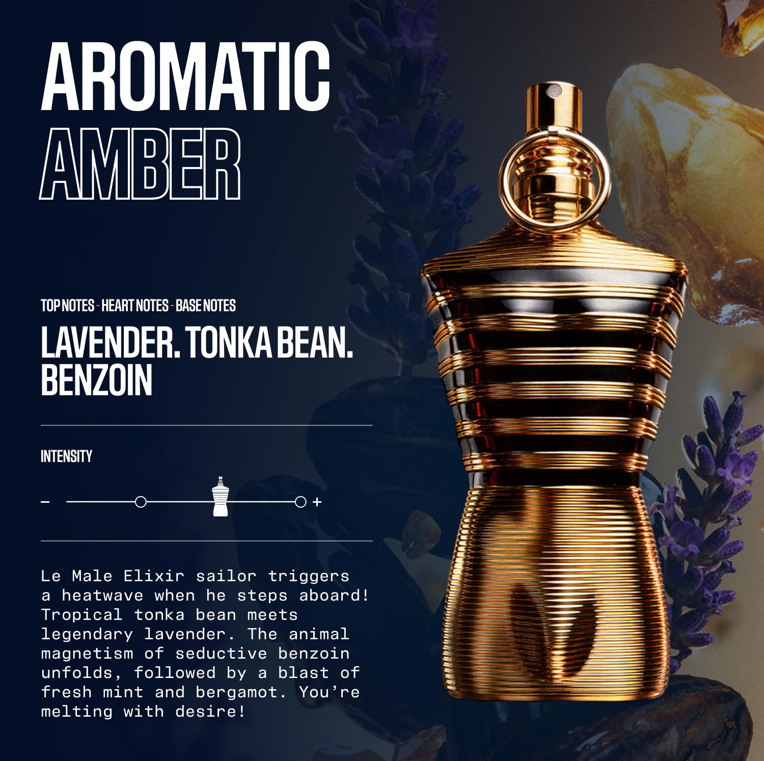 Jean Paul Gaultier Le Male Elixir gold-streaked torso fragrance spray for men