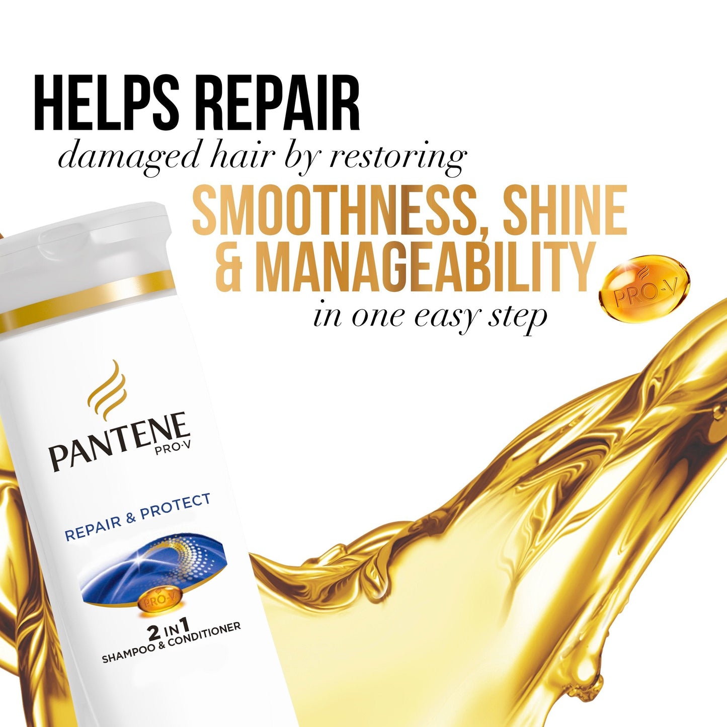 USA imported Pantene Pro-V 2 in 1 Repair and Protect bottle demonstrating standard retail packaging