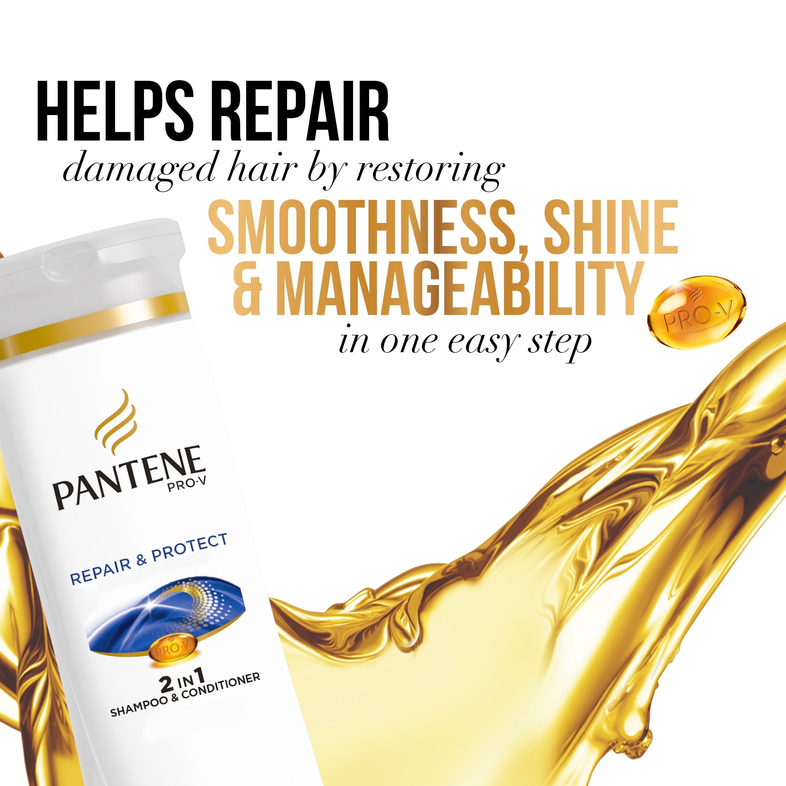 USA imported Pantene Pro-V 2 in 1 Repair and Protect bottle demonstrating standard retail packaging