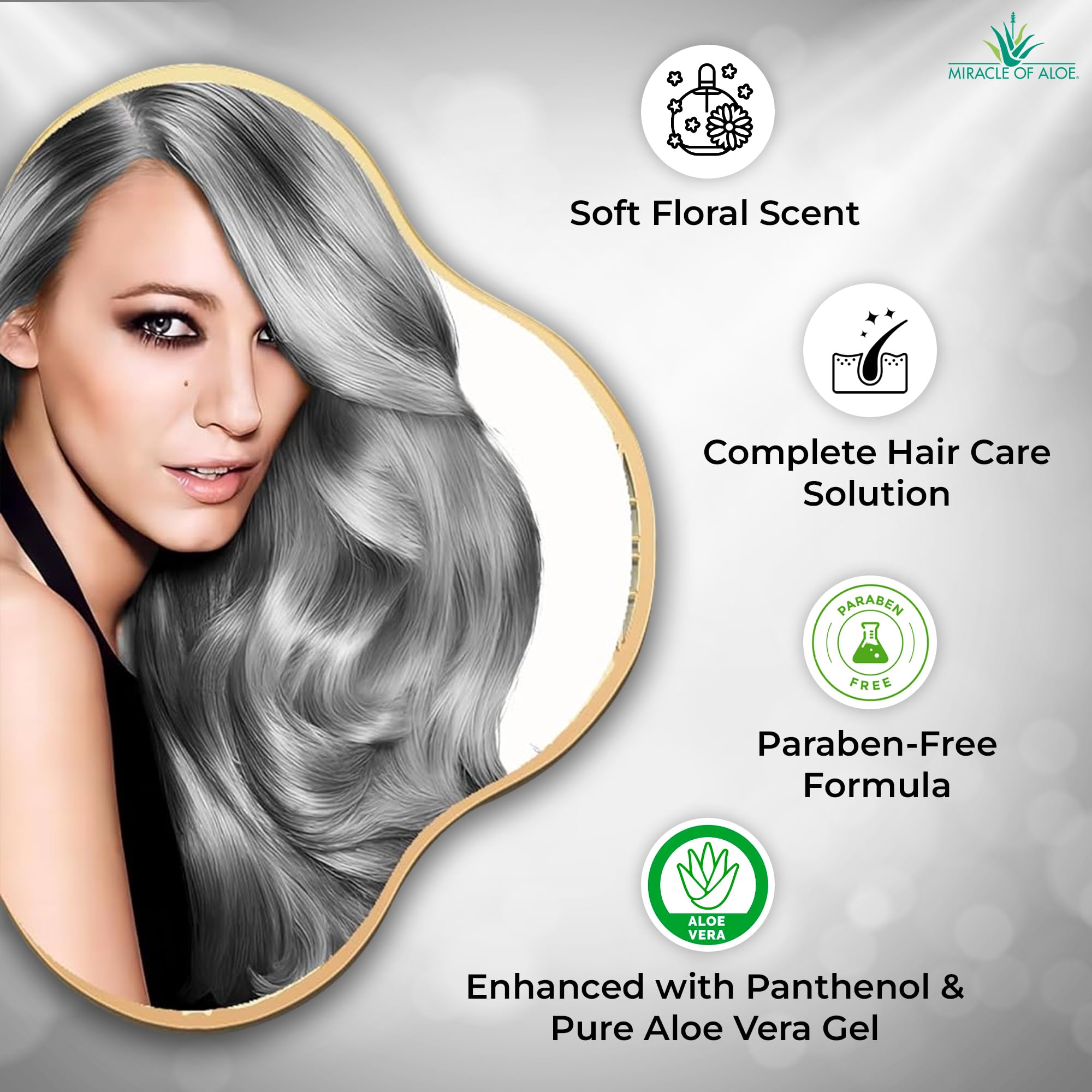 Back view of Miracle of Aloe Softly Silver hair wash ingredients