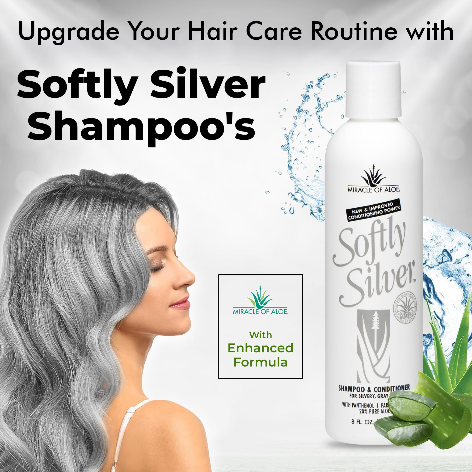 Close up of Softly Silver Shampoo bottle for gray hair care